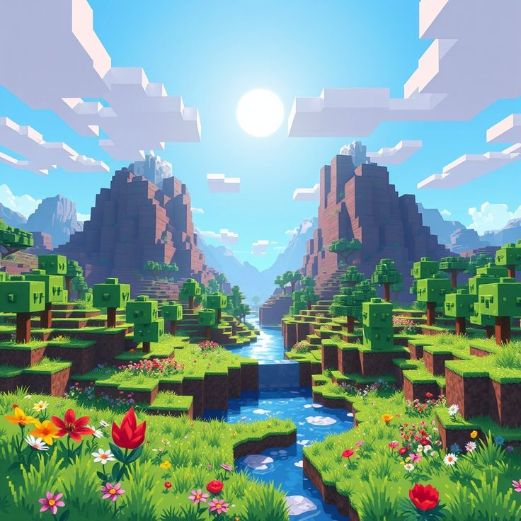 ภูเขา แม่น้ำ และทุ่งดอกไม้ในภาพโลก Minecraft ที่ส่งมาประกอบม็อกอัป