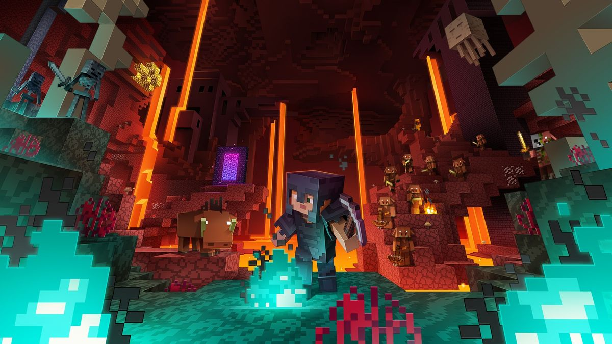 ตัวละคร Minecraft ผจญภัยท่ามกลางลาวาและเปลวไฟสีฟ้าใน Nether