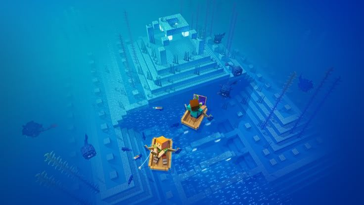 นักผจญภัยบนเรือเหนือสิ่งก่อสร้างใต้น้ำในภาพ Minecraft